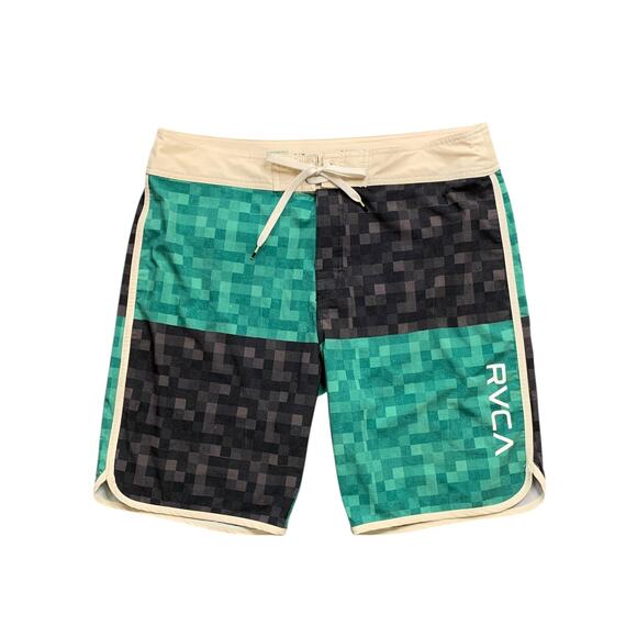 RVCA Board Shorts Mens 38 Bone Performance Stretch Check Block Drawstring Swim - Picture 1 of 9